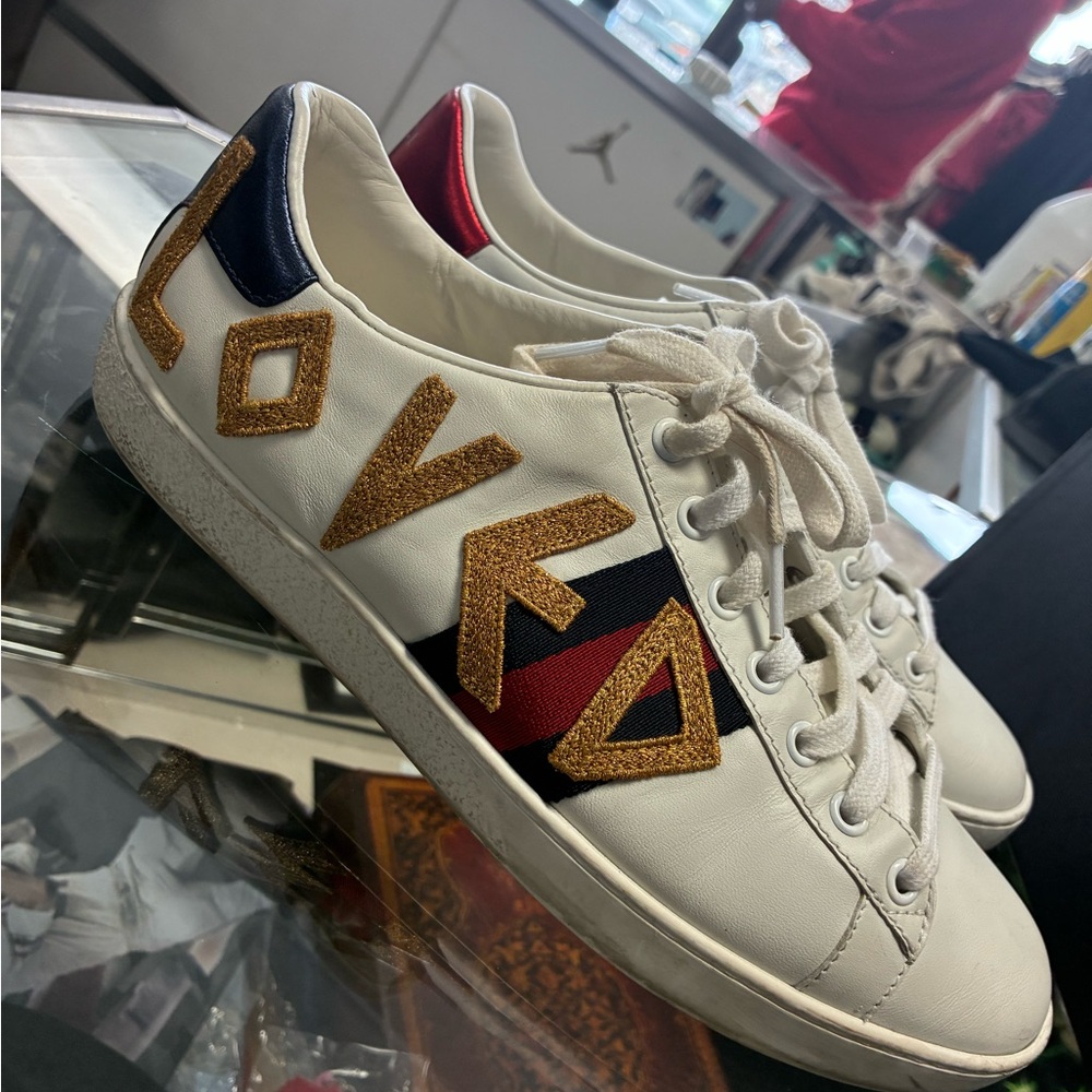 GUCCI Ace Embroidered Sherry Line LOVED Sneakers 505328 Women’s Pre Owned SZ 38